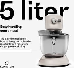 Klarstein Chiara 1600W Keukenmachine – 5L roestvrijstalen kom, 12 snelheden, LCD-touchdisplay, Stil ≤72 dB, Vaatwasserbestendige patisserieset, Aluminium spuitgietbehuizing, Zand — thumbnail 4