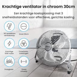 Zware Metalen Ventilator - 30cm Chroom Vloerventilator voor Thuis Kantoor & Sportschool - 3 Snelheden - 110 graden Verstelbare Oscillerende Ventilatorkop - Krachtige Circulatie Turbo fan — thumbnail 3