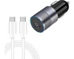 Autolader met 2X USB-C Poort 40W Snellader + USB-C kabel - Auto telefoon oplader - sigarettenaansteker - universeel - grijs