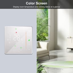 WiFi Smart Thermostat, een regelaar vloerverwarming geschikt voor een kleuren-leddisplay waarop de tijd, dag van de week, temperatuur, luchtvochtigheid en het weer worden weergegeven. Wit. — thumbnail 1