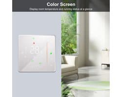WiFi Smart Thermostat, een regelaar vloerverwarming geschikt voor een kleuren-leddisplay waarop de tijd, dag van de week, temperatuur, luchtvochtigheid en het weer worden weergegeven. Wit.