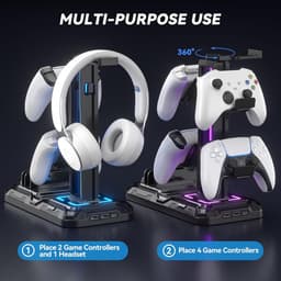 RGB Gaming Hoofdtelefoon- en Controllerhouder – Bureau-Statief met 9 Lichtmodi, 2 USB + 1 Type-C Oplaadpoorten, Compatibel met Smartphones, Tablets en Gamecontrollers — thumbnail 2