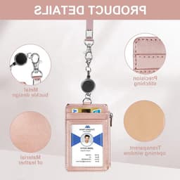 ID Kaarthouder van PU Leer met 4 Kaartslots en Transparant Venster, Retractable Koord voor Werk en School - Roze — thumbnail 3