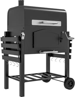 Premie 3-in-1 Houtskool Barbecue - Smoker Barbecue met Rookfunctie - Houtskoolgrill - met Verstelbaar Houtskoolcompartiment, Deksel, Handgrepen, Thermometer, Wielen - BBQ voor Kamperen, Buiten, Tuin - 124 x 66 x 112 cm - Zwart — thumbnail 1