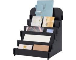 Multifunctionele Houten Kaart Houder met 5 Niveaus voor Verjaardagskaarten, Stickers en Retail Showcase - 30x30x36cm, Zwart