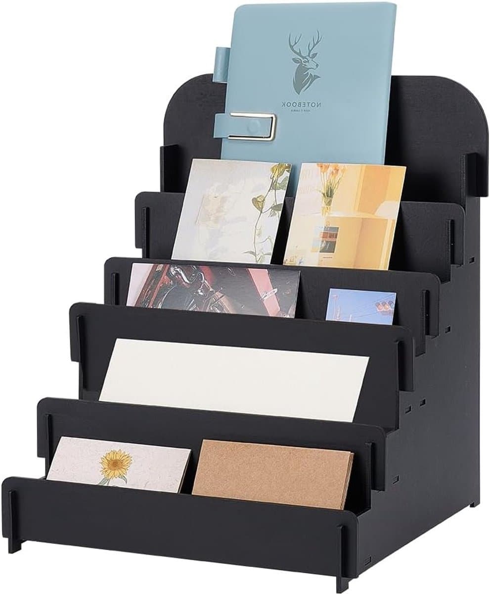 Multifunctionele Houten Kaart Houder met 5 Niveaus voor Verjaardagskaarten, Stickers en Retail Showcase - 30x30x36cm, Zwart — afbeelding 1