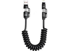 De Beste Gadgets 4-in-1 Oprolbare Oplaadkabel 240W – USB-C / USB-A / Lightning – Snellader PD 240W - Fast Charge - Geschikt voor iPhone, Android, Laptop – 150cm – Anti-klit Spiraalkabel - Zwart