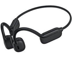 Zwarte Bluetooth-zwemkoptelefoon met botgeleiding, geen in-ear model, 32 GB geheugen, draadloos, voor sport, dubbele oorhaken, geschikt voor hardlopen.