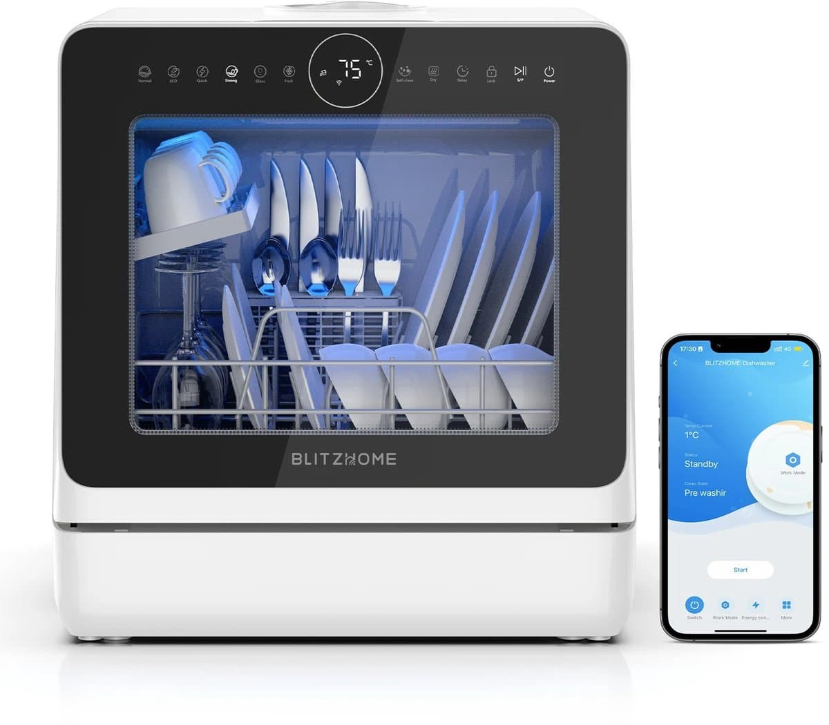 Flolife - Mini Vaatwasser Compact - - Slimme Aanrechtvaatwasser met App-bediening - 8 Wasprogramma’s - 360° Dubbele Spray - 5 Liter Watertank — afbeelding 1