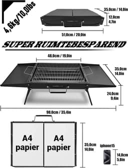 opvouwbare draagbare houtskoolgrill, compacte buitenbarbecue, ideaal voor kamperen, picknicks, tuinfeesten en strandfeesten, zwart, max. 51 x 35 cm — thumbnail 2