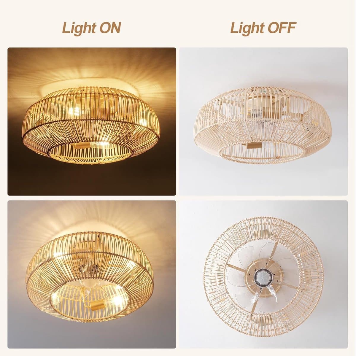 Rotan Plafondventilator - Boho Ventilator - Luchtcirculatie - Verborgen Bladen - 50.8 cm - Goudkleurig — afbeelding 1