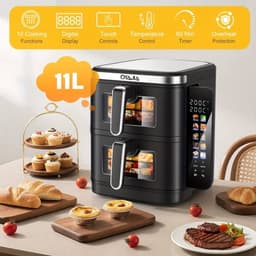 Airfryer – Heteluchtfriteuse – Dubbele Mand – Dubbele Lade – XXL Heteluchtoven – 11L Capaciteit – Verticaal Stapelbaar – PFAS-vrij – 2800W – 10 Kookprogramma’s – Sync & Match Functie — thumbnail 3