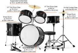 Kinderdrumset, 5-delig, 16-Inch Beginnersdrumstel met Verstelbare Kruk, Bastoms, Snare, Vloertrommel, Cimbalen, Hihatpedaal en Twee Paar Drumstokken — thumbnail 4