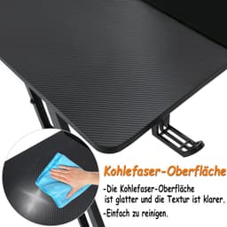 160 x 60 cm, Gamingtafel, stabiele computertafel, pc-tafel, zwart, met bekerhouder en koolstofvezelcoating, 2 openingen voor kabel, gamertafel, gamingtafel, bureau, zonder led — thumbnail 4
