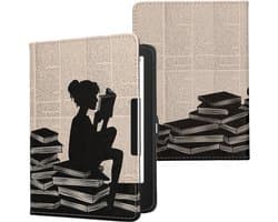 kwmobile e-reader hoesje geschikt voor Tolino Vision 1 / 2 / 3 / 4 HD hoes - E reader flip case met magnetische sluiting - Ereader cover - Meisje met boeken design in zwart / beige