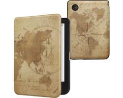 kwmobile e-reader hoesje geschikt voor Kobo Clara BW / Colour hoes - E reader flip case met magnetische sluiting - Ereader cover - Vintage Travel design in bruin / lichtbruin
