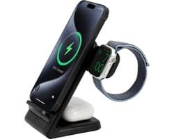 Cazy 3-in-1 Draadloze Oplader Stand 15W - Geschikt voor Apple Watch, Airpods en Iphone - Snelladen & USB-C - Oplaadstandaard - Qi-Gecertificeerde Toestellen - LED Lampje - Zwart