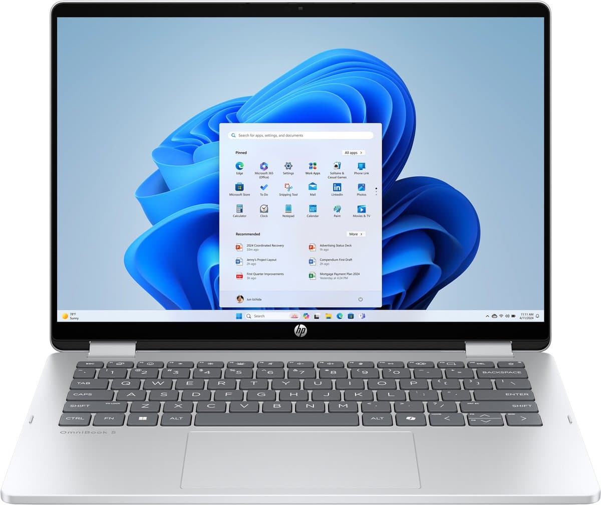 HP OmniBook 5 Flip 2-in-1 14-fp0250ndx Intel Core 5 120U Hybride (2-in-1) 35,6 cm (14") Touchscreen 2K 8 GB LPDDR5-SDRAM 512 GB SSD Wi-Fi 6 (802.11ax) Windows 11 Home Zilver QWERTY — afbeelding 1