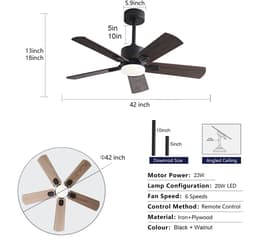 MIVRAY Plafondventilator Met Verlichting 42 Inch 6 Snelheden Omkeerbaar Met Afstandsbediening Metaal Hout Zwart Walnoot Woonkamer Slaapkamer — thumbnail 5
