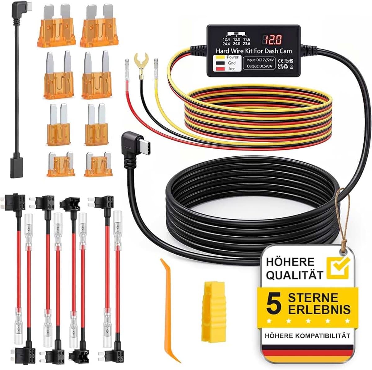 Dashcam Hardwire Kit USB-C met ACC en Laagspanningsbeveiliging | 3-aderig, 12/24 V naar 5 V, tot 3 A en 24-uurs parkeermodus – voor compatibele 1-kanaals USB-C-dashcams — afbeelding 1