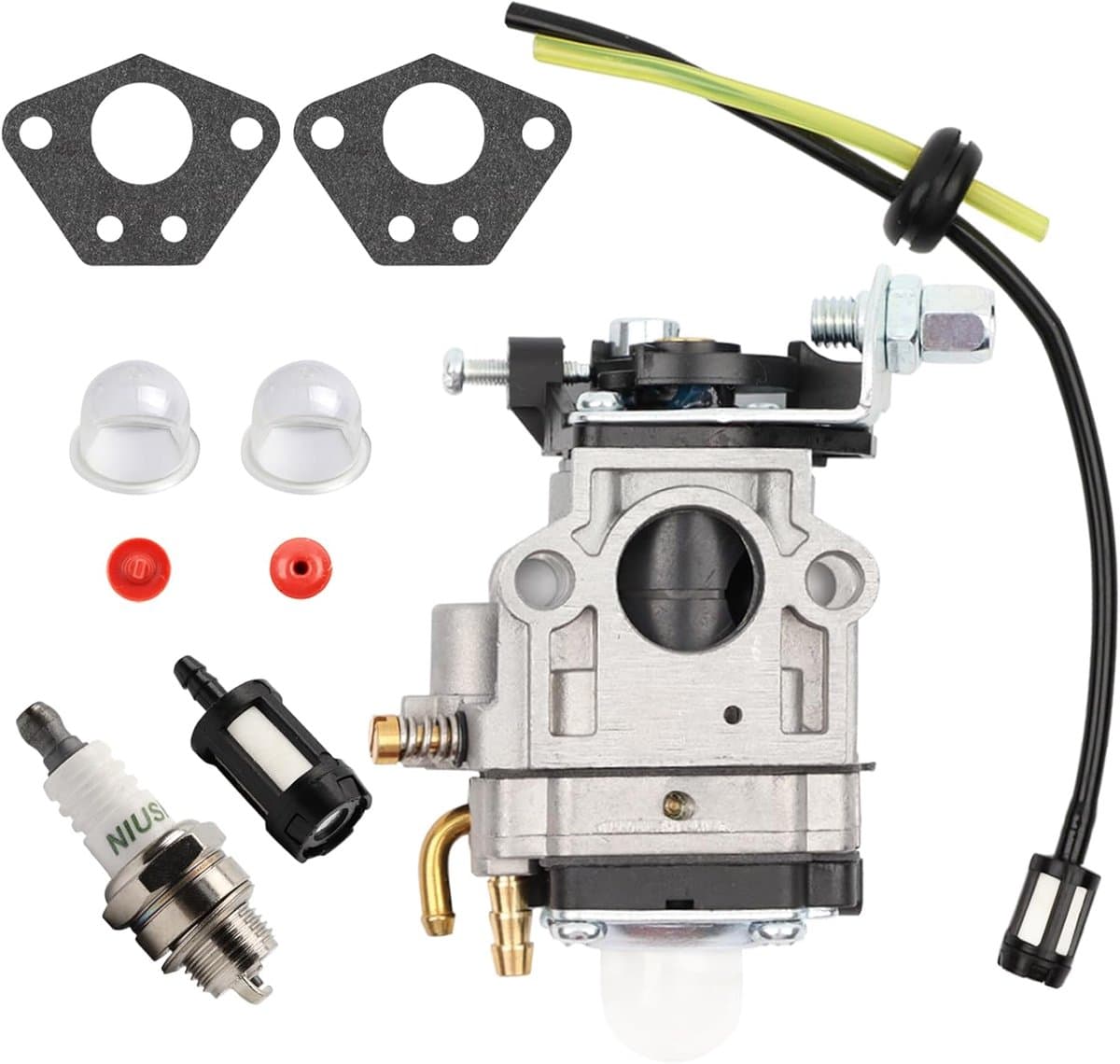 SnelShoppen - Carburetor voor Grasmaaier 52cc, 49cc, 43cc - Carburetor Kit met Pakking, Slang, Bougie en Brandstoffilter - Duurzaam en Brandstofeffici — afbeelding 1