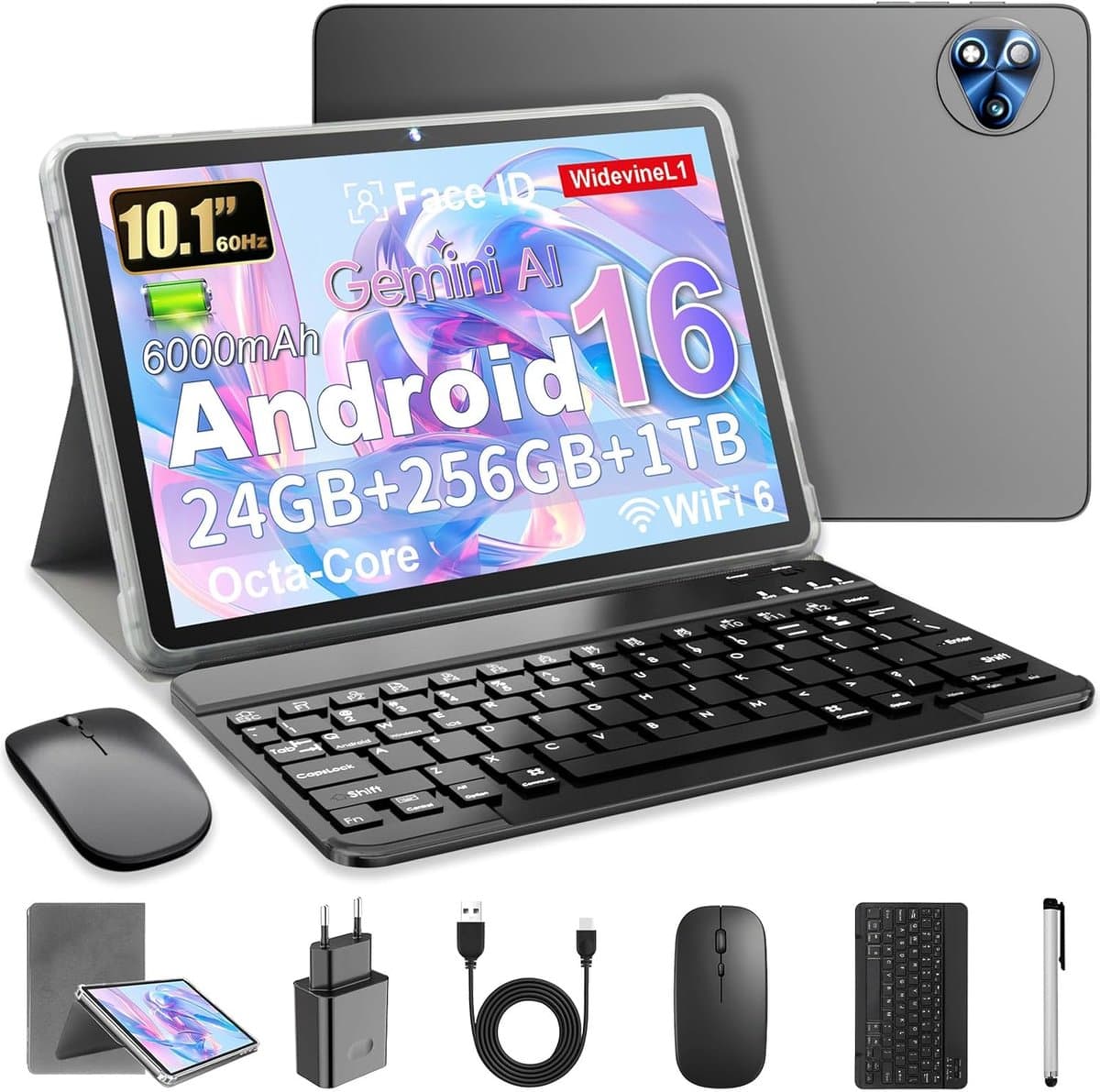 SnelShoppen - Android 16 Tablet 10 Inch - Octa-Core - 24GB RAM - 128GB ROM - 1TB TF - HD Display 1920x1200 - 8MP + 13MP Camera - Met Keyboard, Mouse & — afbeelding 1