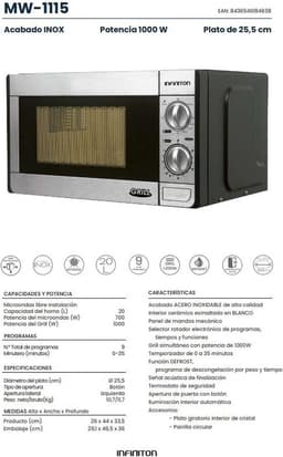 Magnetron met Grill - Oven Combimagnetron - Snel Eten Opwarmen - Roestvrijstalen Buitencoating - 20 Liter - Inox — thumbnail 2
