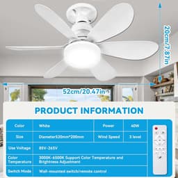 Killogood Plafondventilator met licht en afstandsbediening - 52 cm - 40 W - LED-plafondventilator met E27-fitting - 3 dimstanden - 3 snelheden - timerfunctie - voor woonkamer en slaapkamer. — thumbnail 3
