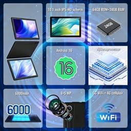Android 16 Tablet - 10.1 inch Tablets- 24GB RAM + 64GB ROM– 6000mAh - 5G WiFi - Face ID - Zwart — thumbnail 3