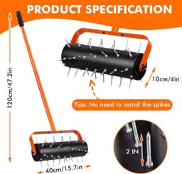 SnelShoppen - Handgrasmaaier met 42 scherpe nagels, 5 cm diep, grasmaaier voor tuin, gazon, patio, 180 x 38 cm, ideaal voor luchtigen bodem, lange lev — thumbnail 2