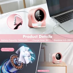 VHV Tafelventilator - Handventilator - Mini Ventilator - Tafelventilator Oplaadbaar - Usb-Bureauventilator Met Led-Display - 5 Instelbare Snelheden - Voor Slaapkamer, Kantoor, Studentenkamer - Roze — thumbnail 2