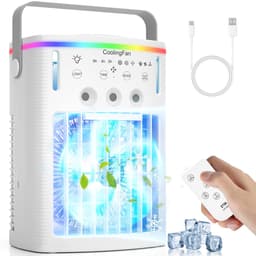 Draagbare airconditioners - 4-in-1 draagbare ventilator met 1000 ml tank - 3 snelheden en afstandsbediening - 2-8 uur timer - 7-kleurige ledverlichting - Mini verdampingsairco voor kamperen - kantoor - slaapkamer en auto — thumbnail 1