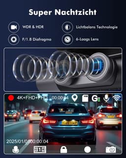 Dashcam voor auto - Zwart - 3 inch IPS scherm - 4K UHD + Full HD 3-kanaals camera - Met GPS, WiFi en 24-uurs parkeerbewaking — thumbnail 3