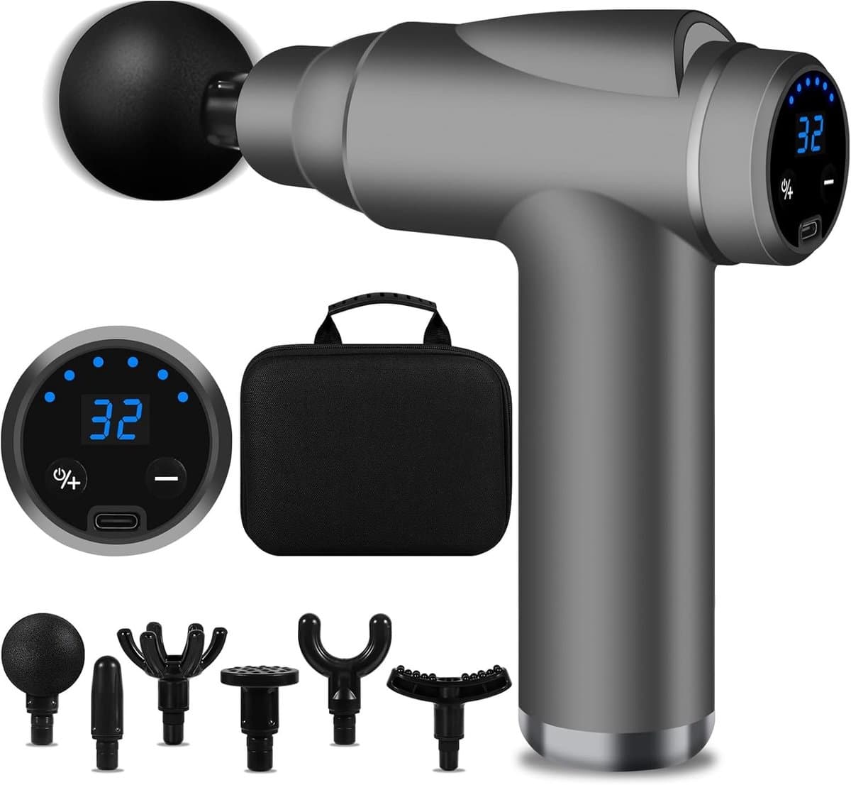 Beenmassageapparaat - Grijs - Mini Massagepistool met 6 Massagekoppen en LCD-scherm - Draagbaar en Stil — afbeelding 1