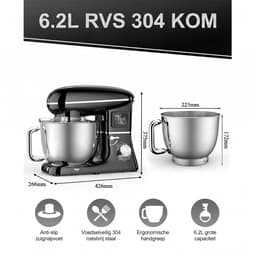 SHANNA Digitale Keukenmachine – 1600W Zuiver Koper – Standmixer – Bakmachine - 6,2L RVS Mengkom – Met LCD Timer, Deeghaak, Garde en Complete Bakaccessoires – Zwart — thumbnail 2