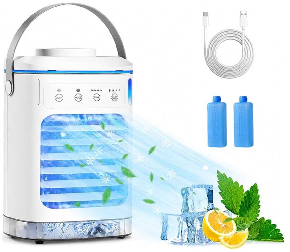 KZQ Draagbare ventilator - Aircooler - 4-in-1 ventilator - Vier windsnelheden - Timer van 2-8 uur - Kleurrijke verlichting - Waterreservoir van 900 ml - Geschikt voor slaapkamers, kantoren, woningen en kamperen - 16 × 13 × 24,5 cm - Wit — afbeelding 1