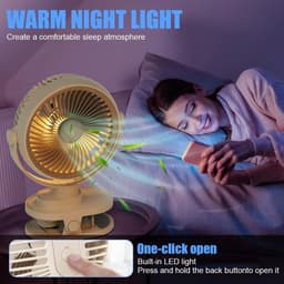 LISM - USB oplaadbare clipventilator, 5 snelheden, 360° draaibaar, omkeerbaar, krasbestendig, compacte clip, Geschikt voor kinderwagens/auto's/kantoor, miniventilator met nachtlampje – ideaal zomercadeau (groen) — thumbnail 2
