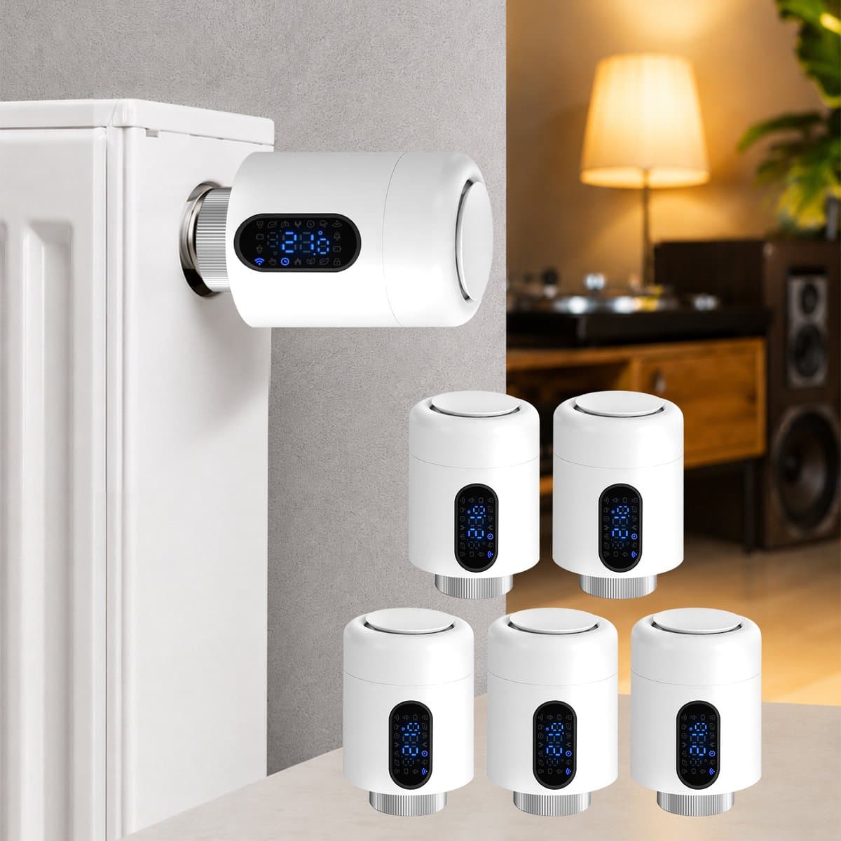 WiFi Radiatorthermostaat met App-bediening en 7 Ventieladapters – Wit – 5-pack — afbeelding 1