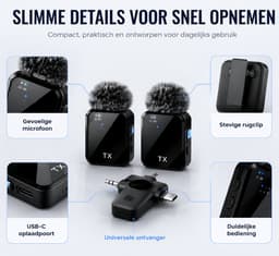 Draadloze Microfoon Pro-2 Stuks -Dasspeld- USB-C/Lightning -Lavalier - Windshields -Lange Batterij-Plug & Play — thumbnail 2