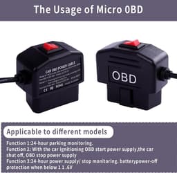 SnelShoppen - OBD2 Power Kabel voor Dashcam Type C, OBD Voeding Adapter met Schakelaar, 24 Uur Bewaking, USB Aansluiting voor Voertuig — thumbnail 2