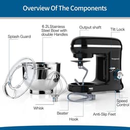 Keukenmachine Kneedmachine - Elektrische Mixer - Bakken en Koken - Krachtige 1500W Motor - 6.2QT Kom - Zwart — thumbnail 3