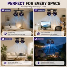 Kraftverdia® Dubbele Luchtcirculator – USB Oplaadbare Bureauventilator met 2 Ventilatorkoppen – Tafel-, Hang- en Wandventilator – 3 Snelheden – LED Verlichting – Type-C – Wit — thumbnail 4