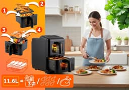 Dubbele Kamer Airfryer - Heteluchtfriteuse Verticale Airfryer - Grote Maaltijden Bereiden - Twee Manden Sync Finish - 116 liter - Zwart — thumbnail 5