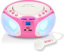 Lenco SCD-650PK - Draagbare radio CD speler met karaokemicrofoon en LED - Roze