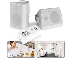 Buiten speakers - Geluidsinstallatie met 2 outdoor speakers en versterker met Bluetooth - Perfect voor overkapping, badkamer, sauna, etc. - Wit