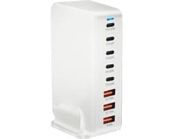 DrPhone GaNForce - 268W - 8 Poort Laadstation – Desktop Oplader – Laptop / Tablet / Smartphone - 1x PD 100W USB-C Poort – 4x 30W Type C Poorten – 3x 18W USB Poorten - Voor o.a. Macbook / iPad /iPhone - Wit