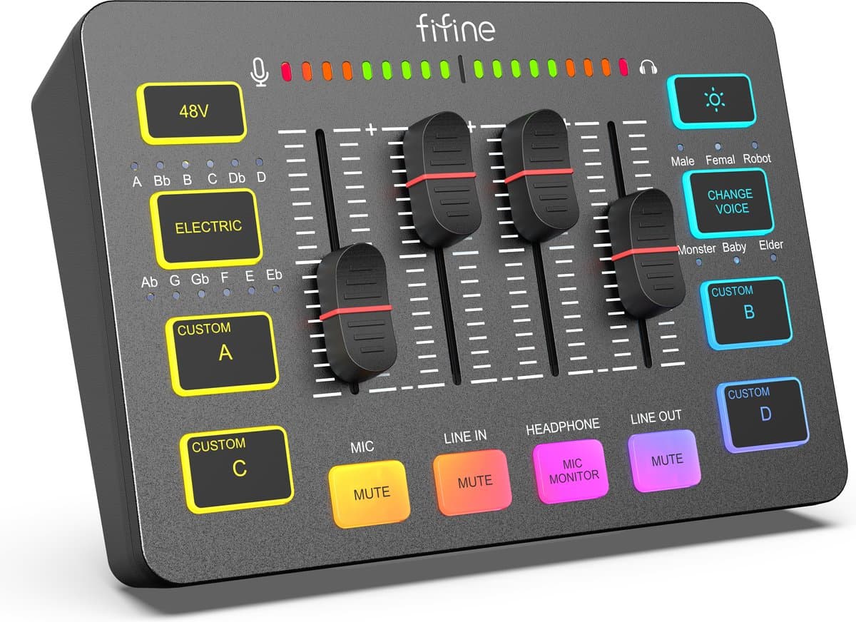FIFINE - SC3 - Zwart - Streaming Deck - DJ Mixer - Gaming Mixer - Podcast / Stream / Gaming - XLR Aansluiting - Line-in - Voice Changer — afbeelding 1