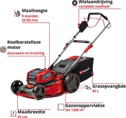Einhell Professional Accu Grasmaaier GP-CM 36/52 S BL Li Kit - Power X-Change - 36 V/Li-ion - Maaibreedte: 52 cm - Aanbevolen gazonoppervlakte: tot 1200 m² - 65 L opvangzak - Maaihoogte: 25-80 mm - Incl. 4x 5.2 Ah Accu en 2x DUO-lader — thumbnail 2