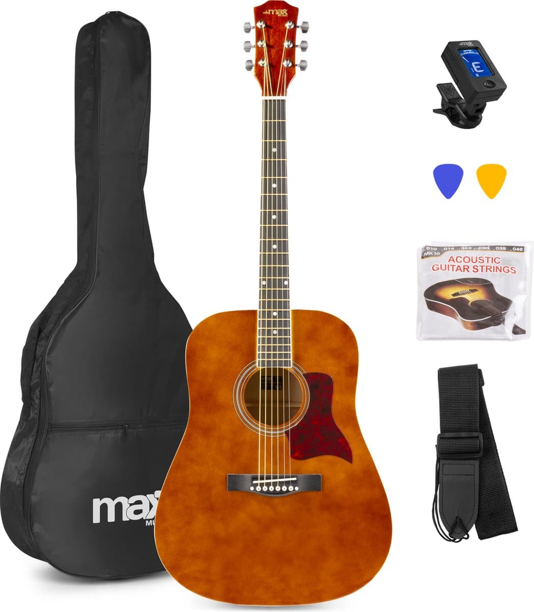 Akoestische gitaar voor beginners - MAX SoloJam Western gitaar 4/4 - incl. gitaar stemapparaat, gitaartas en 2x plectrum - Bruin (hout) — afbeelding 1
