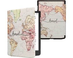 kwmobile e-reader hoesje geschikt voor Pocketbook InkPad 4 / Color 3 / Color 2 / Vivlio InkPad 4 / InkPad Color 3 hoes - E reader flip case met magnetische sluiting - Ereader cover - Travel Wereldkaart design in zwart / meerkleurig